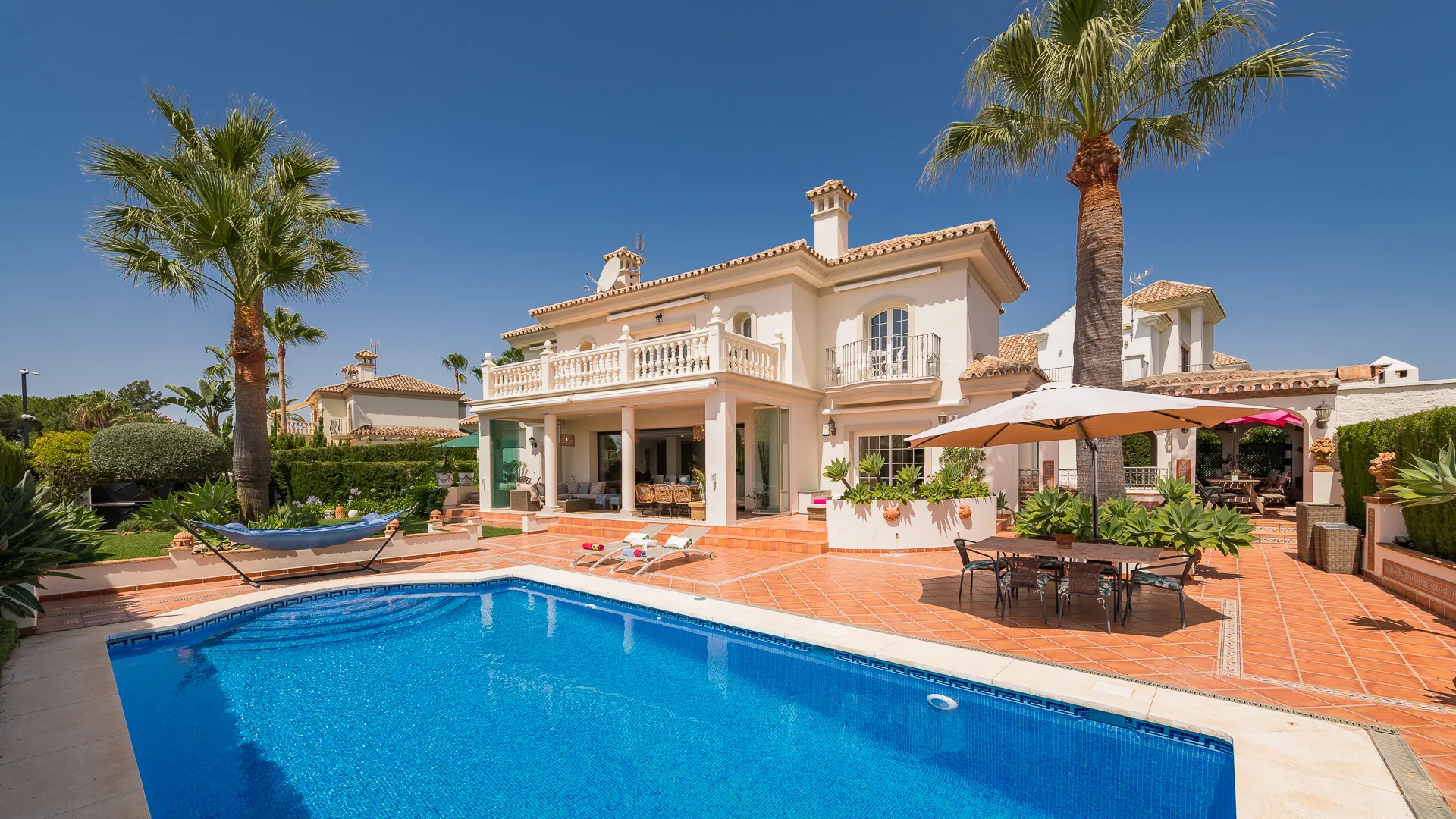 Luxury villa terrace overlooking La Concha mountain and Mediterranean Sea, Marbella Golden Mile